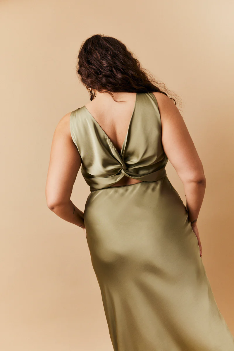 Olive Satin Twist Back Maxi Dress - Image 5
