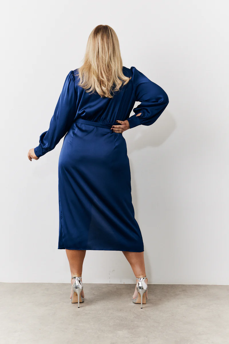 Navy Satin Wrap Midi Dress - Image 3