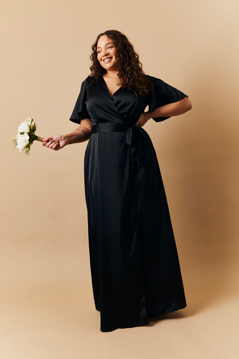 Black Satin Wrap Tie Angel Sleeve Maxi Dress - Image 2