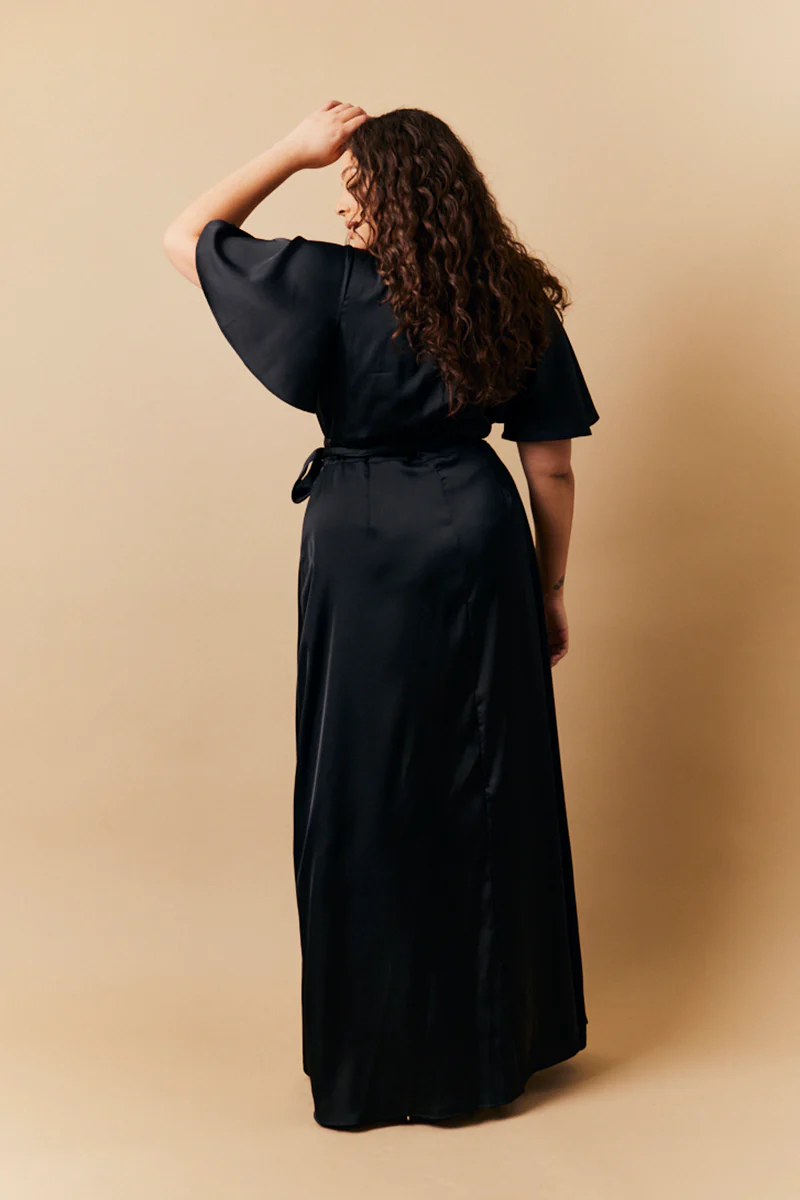 Black Satin Wrap Tie Angel Sleeve Maxi Dress - Image 3