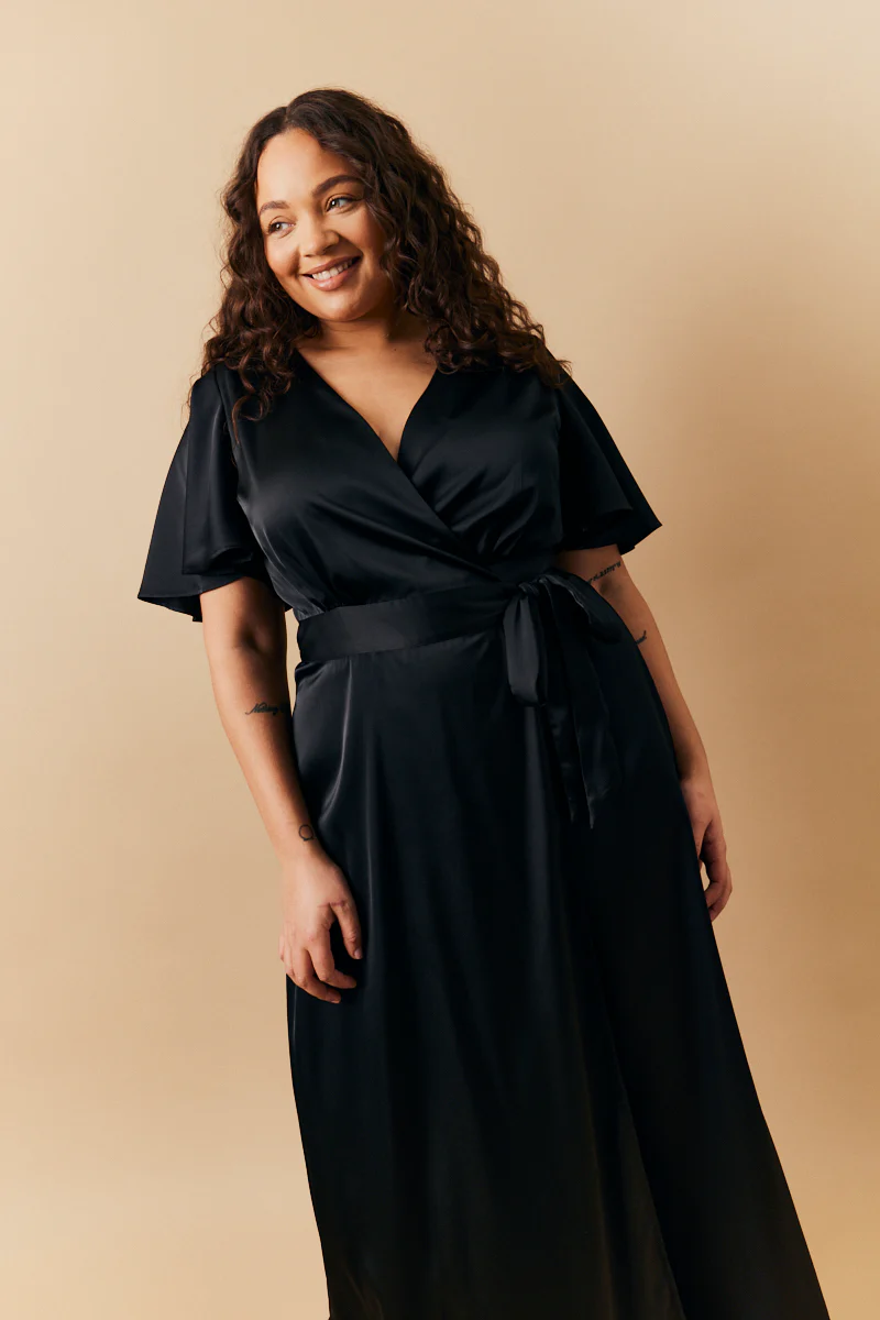 Black Satin Wrap Tie Angel Sleeve Maxi Dress - Image 4