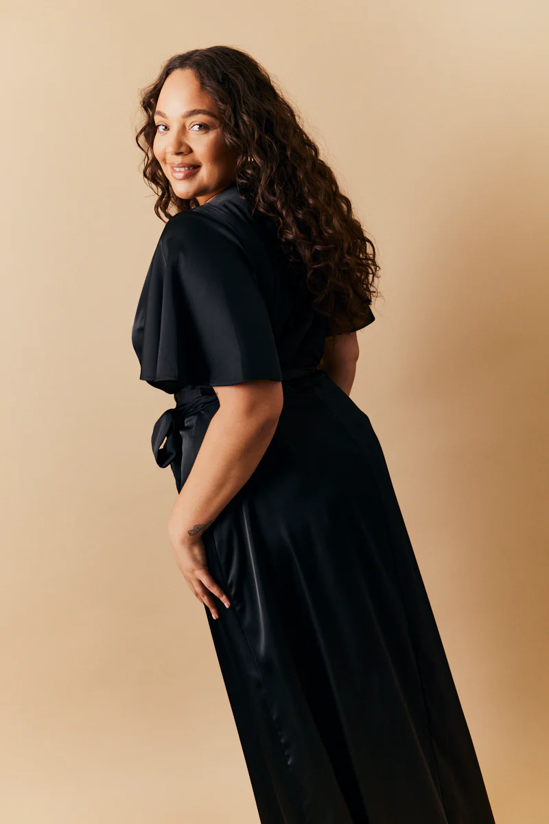 Black Satin Wrap Tie Angel Sleeve Maxi Dress - Image 5