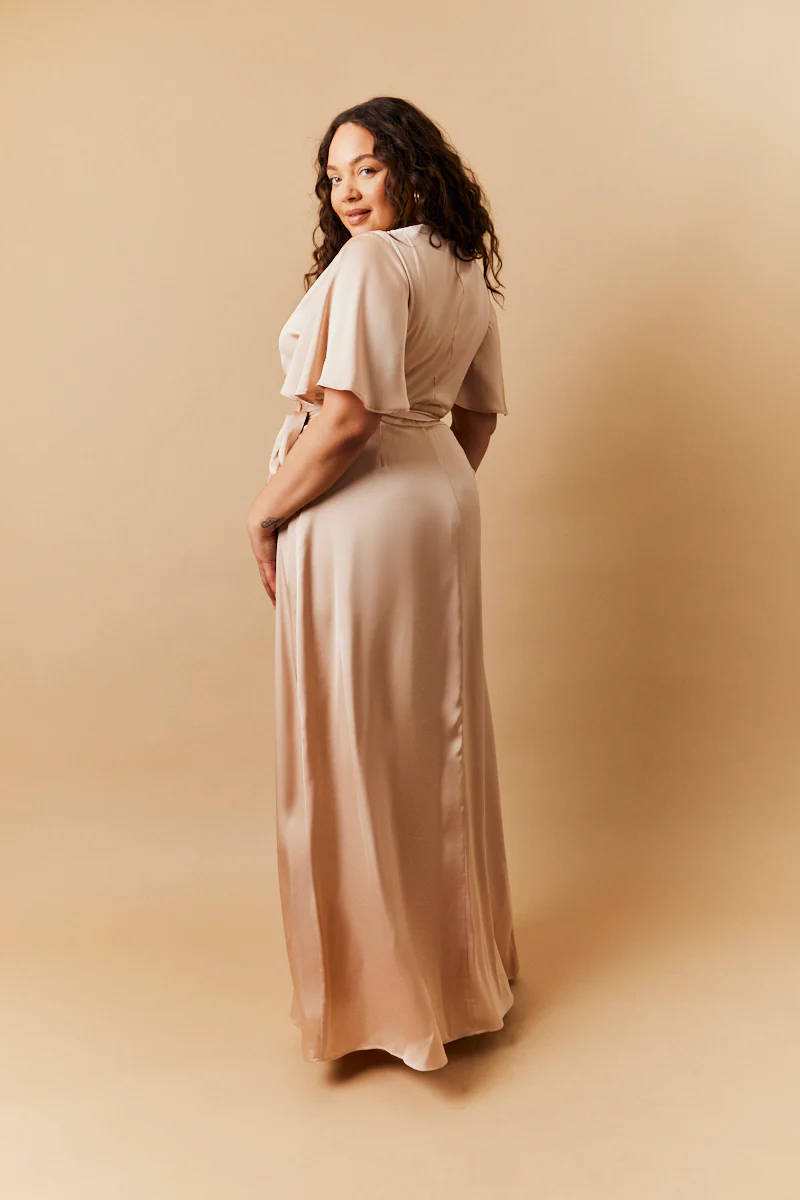 Light Gold Satin Wrap Tie Angel Sleeve Maxi Dress - Image 3