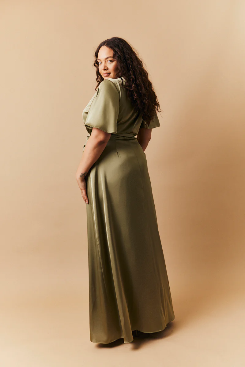Olive Satin Wrap Tie Angel Sleeve Maxi Dress - Image 3