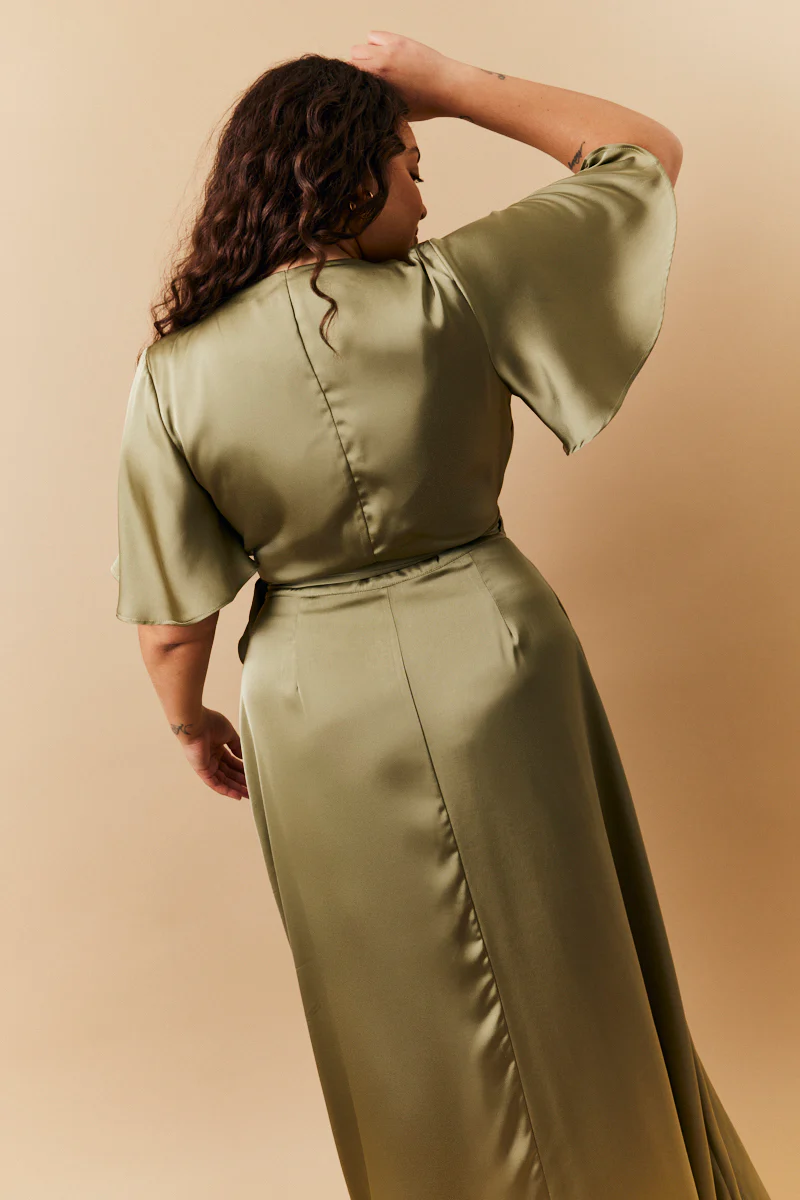 Olive Satin Wrap Tie Angel Sleeve Maxi Dress - Image 4