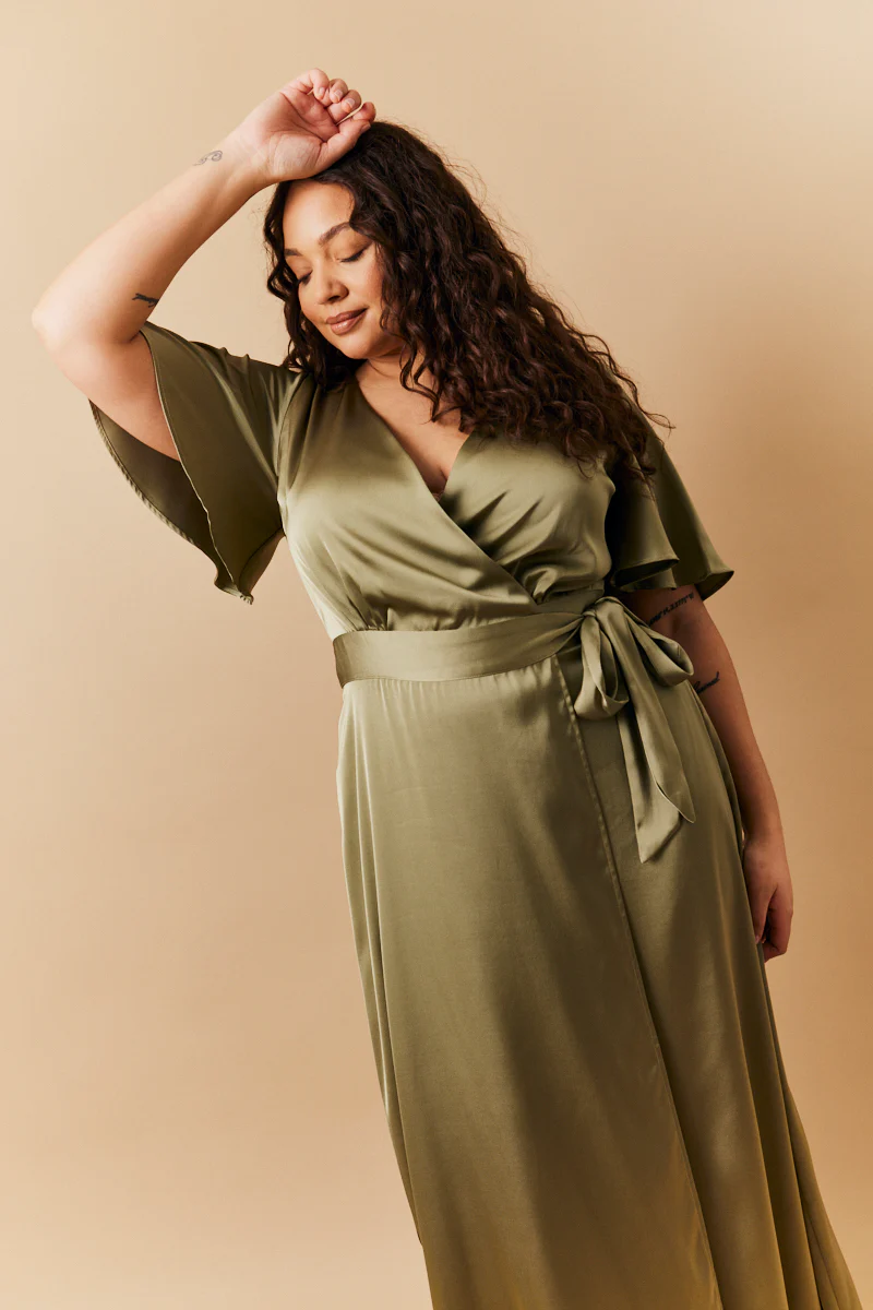 Olive Satin Wrap Tie Angel Sleeve Maxi Dress - Image 5