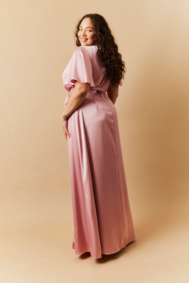 Rose Pink Satin Wrap Tie Angel Sleeve Maxi Dress - Image 3