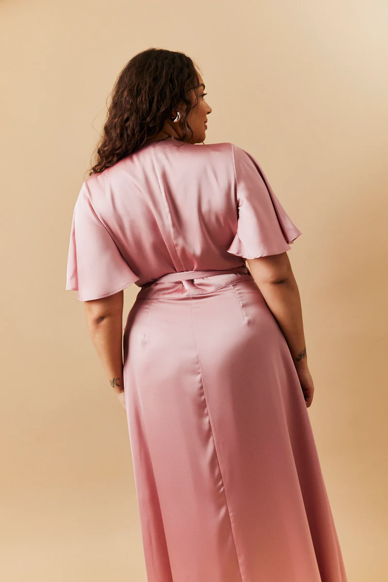 Rose Pink Satin Wrap Tie Angel Sleeve Maxi Dress - Image 4