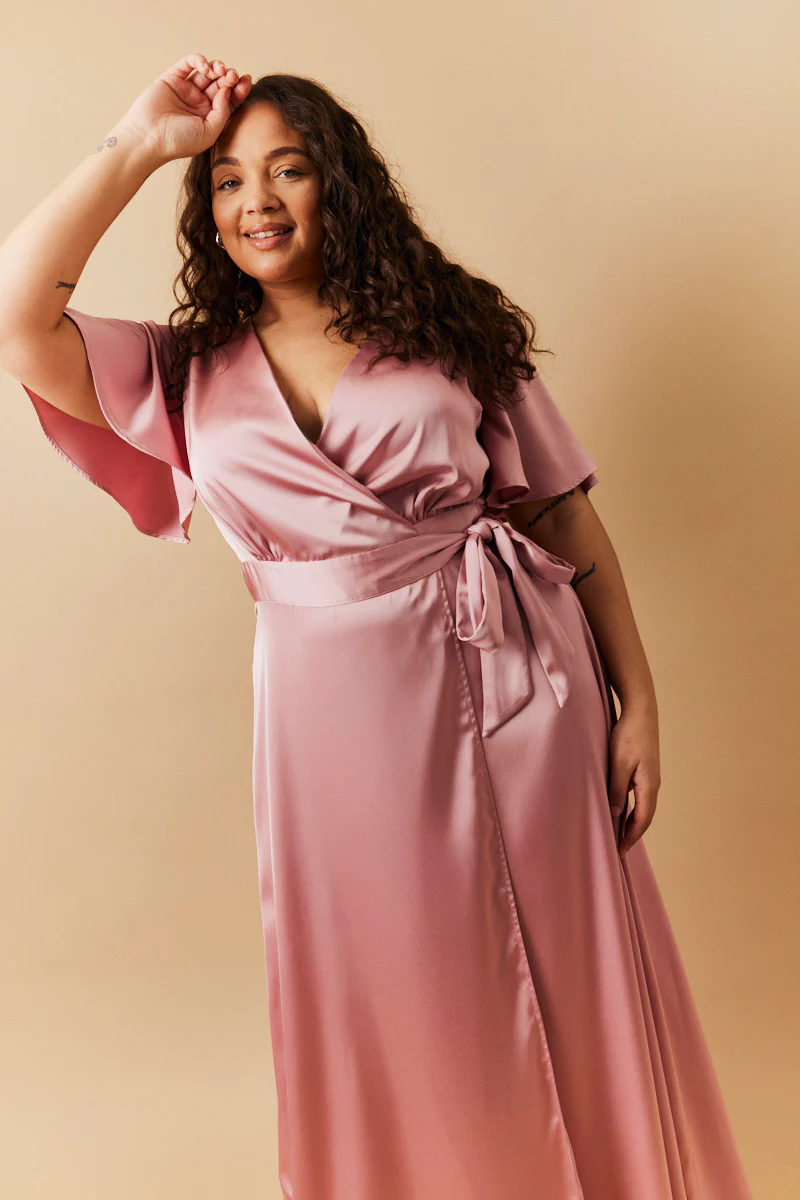 Rose Pink Satin Wrap Tie Angel Sleeve Maxi Dress - Image 5