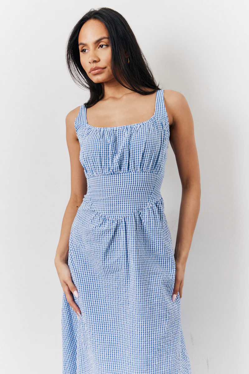 Blue Seersucker Gingham Milkmaid Midaxi Dress - Image 2