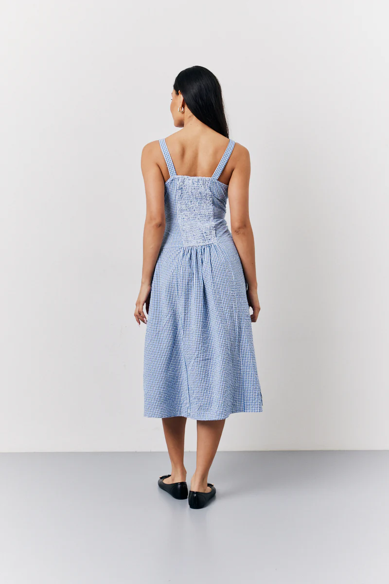 Blue Seersucker Gingham Milkmaid Midaxi Dress - Image 3