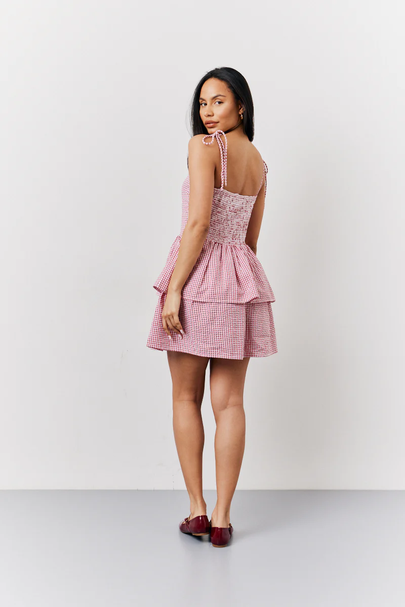 Red Seersucker Gingham Shirred Mini Dress - Image 4