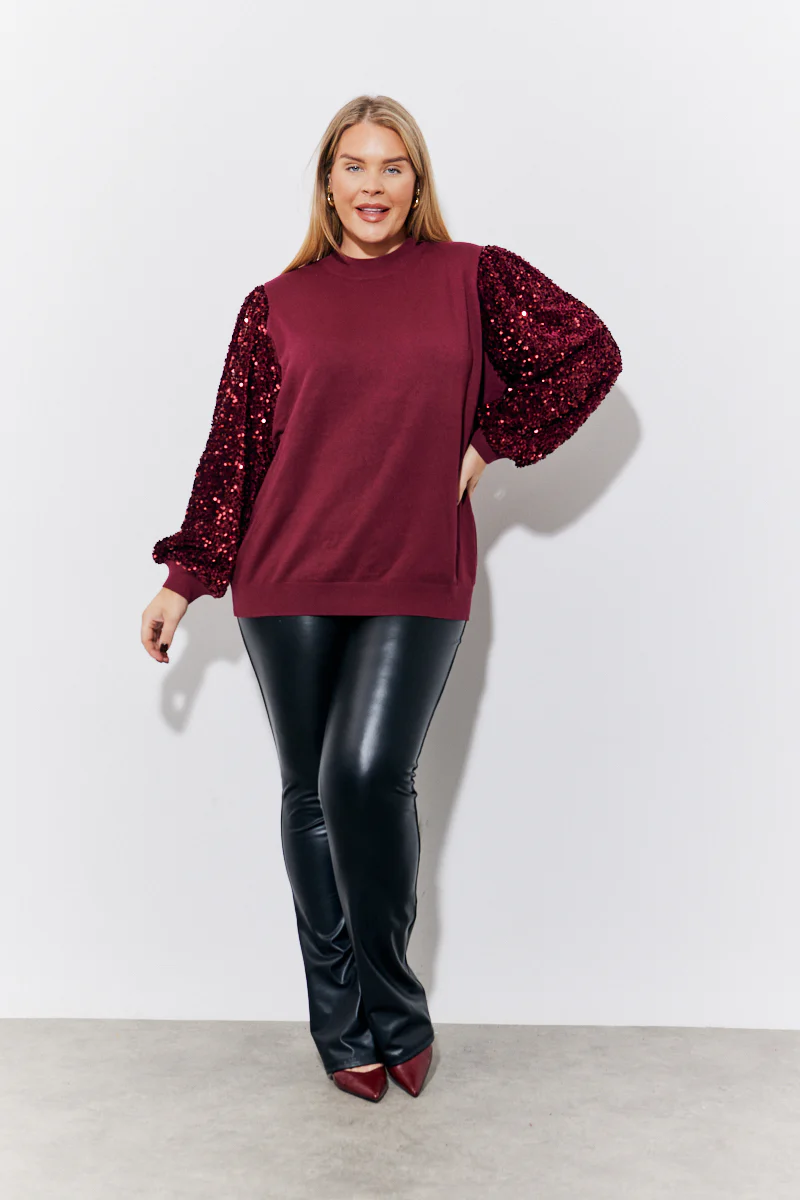 Burgundy Sequin Balloon Sleeve Knitted Jumper