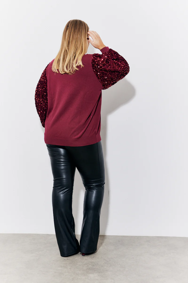Burgundy Sequin Balloon Sleeve Knitted Jumper - Image 2