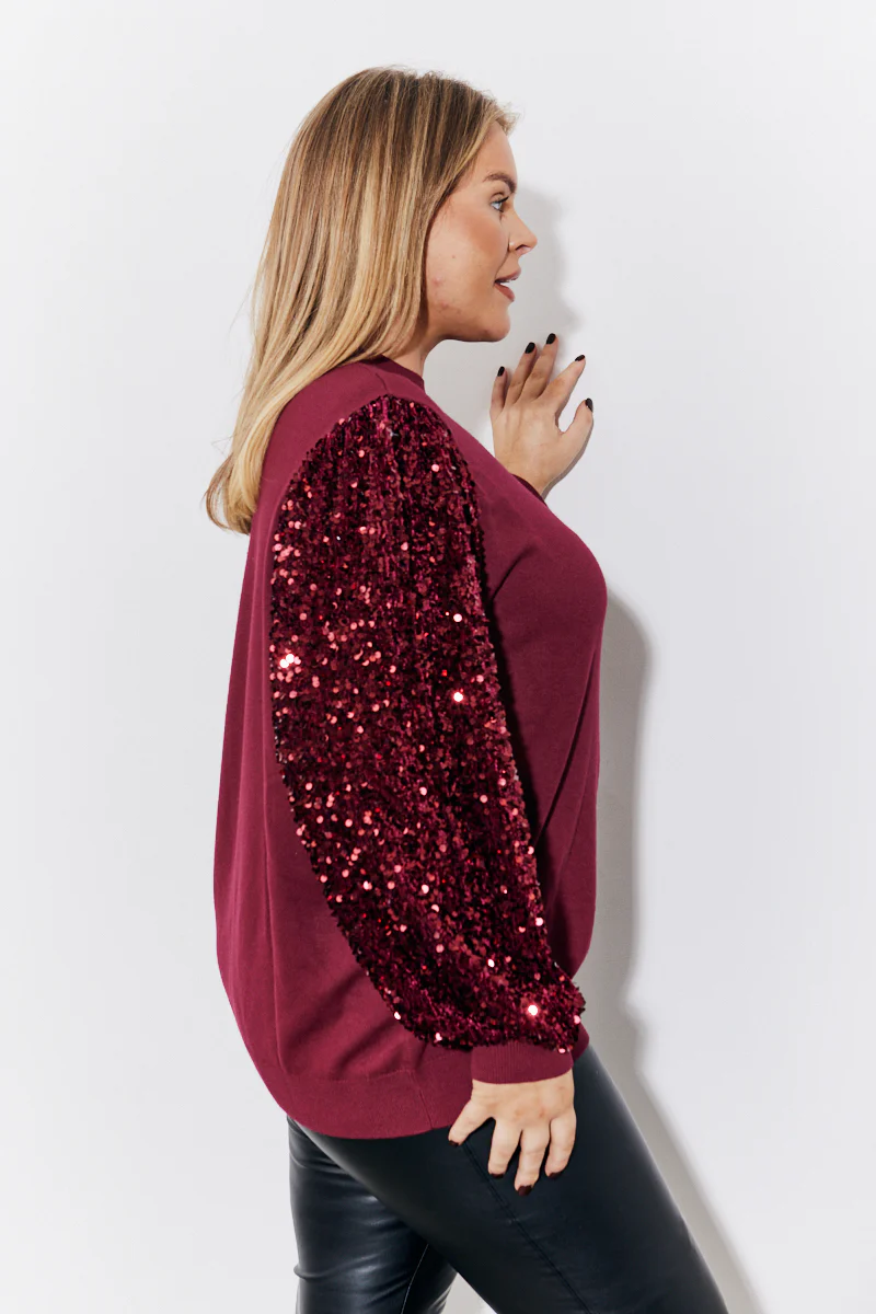Burgundy Sequin Balloon Sleeve Knitted Jumper - Image 4