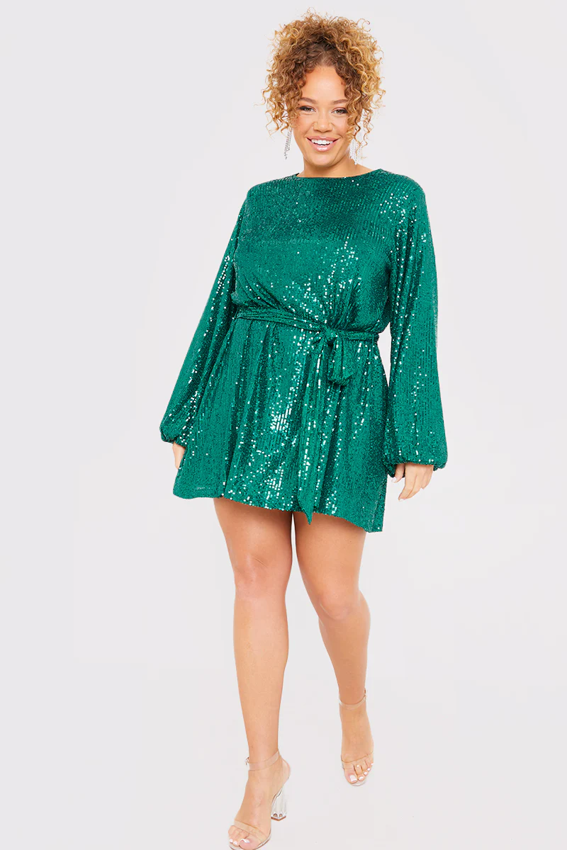 Sequin Belted Balloon Sleeve Mini Dress - Image 15