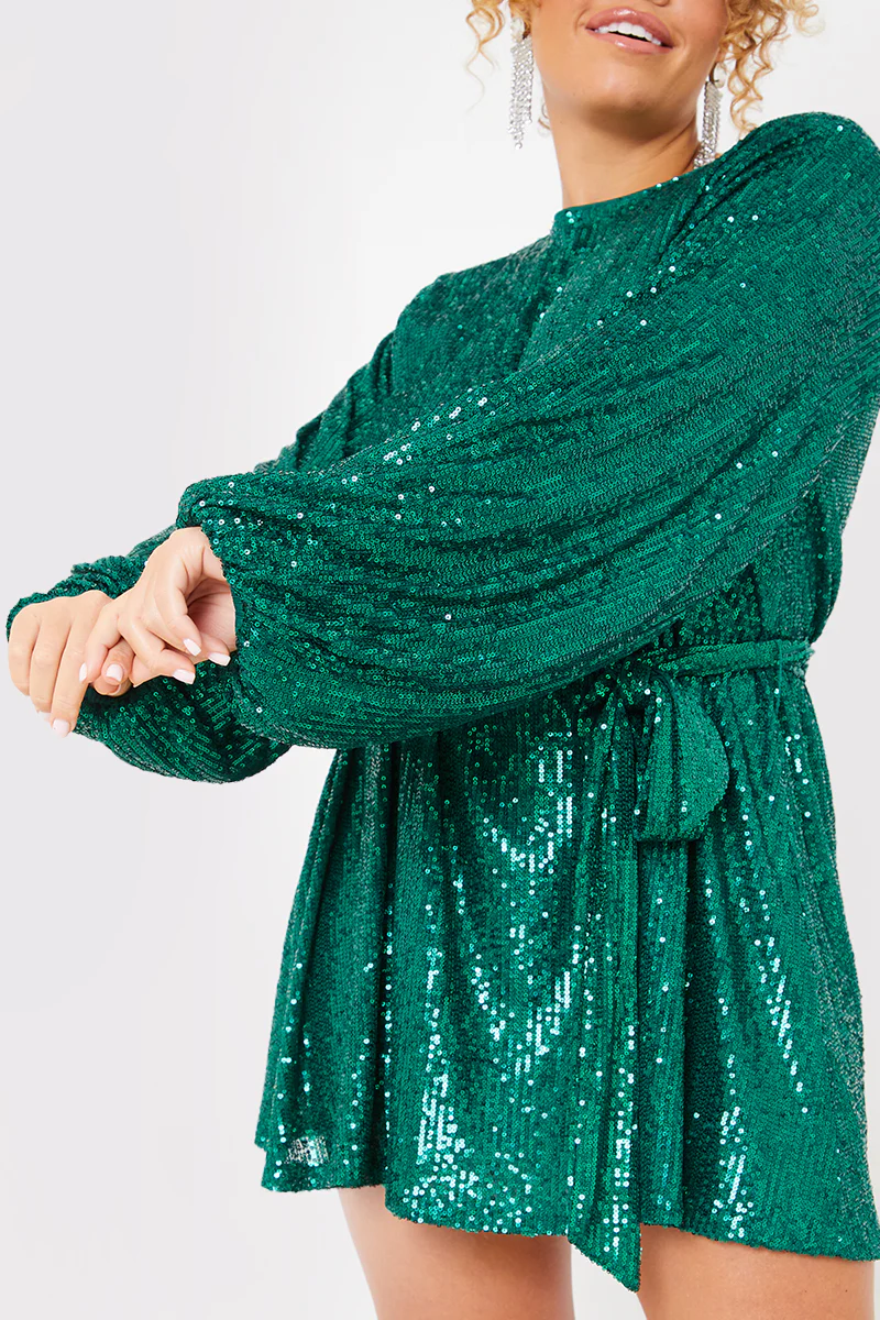 Sequin Belted Balloon Sleeve Mini Dress - Image 16