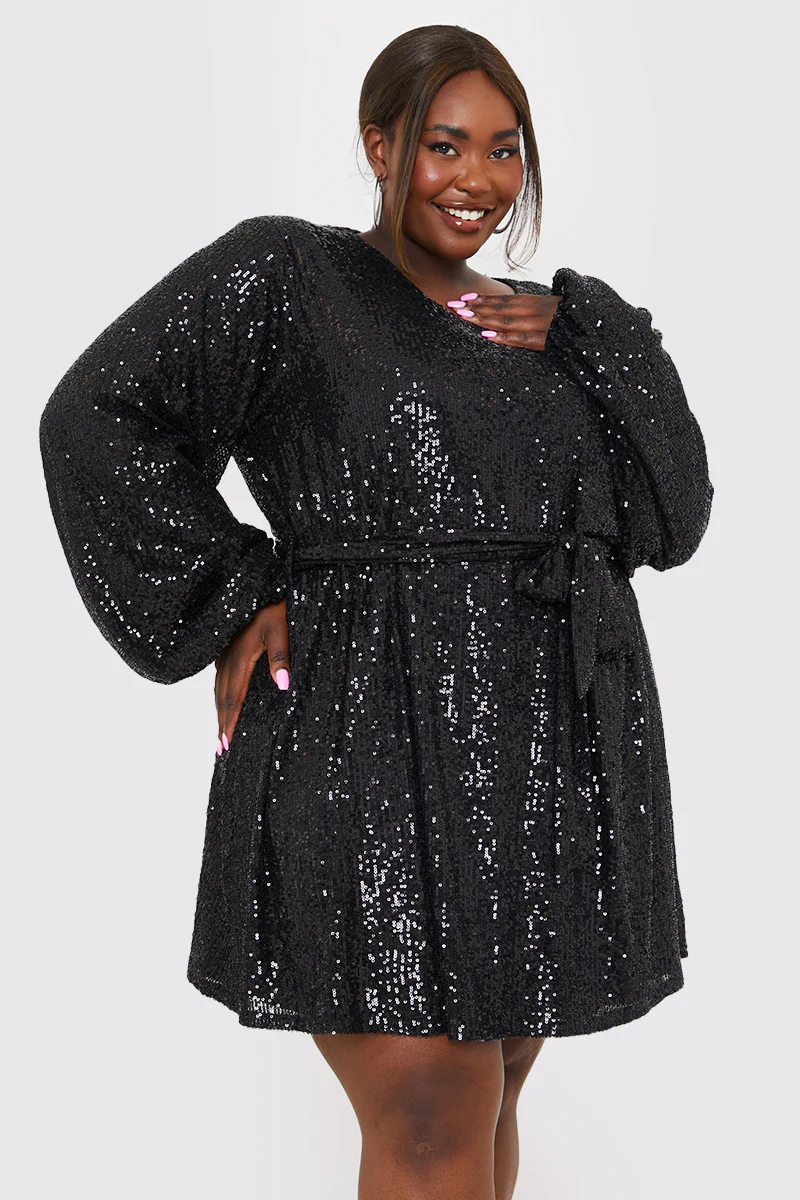 Sequin Belted Balloon Sleeve Mini Dress - Image 32