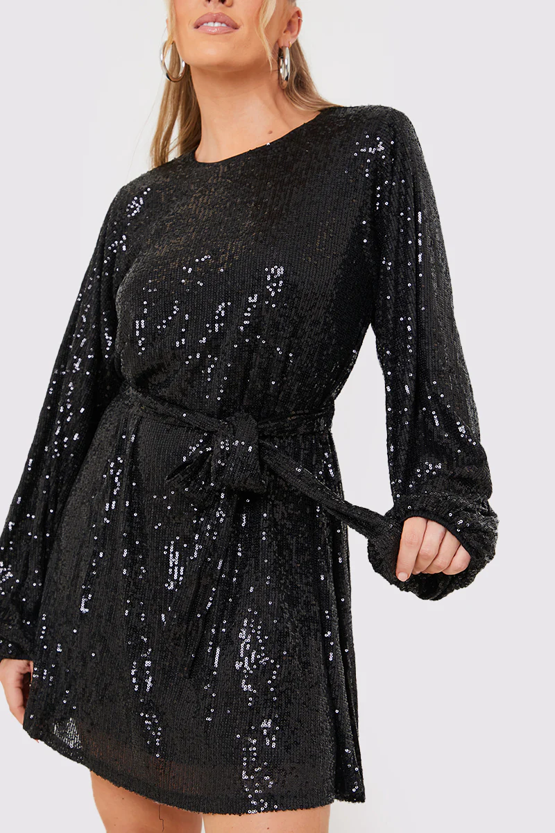 Sequin Belted Balloon Sleeve Mini Dress - Image 4