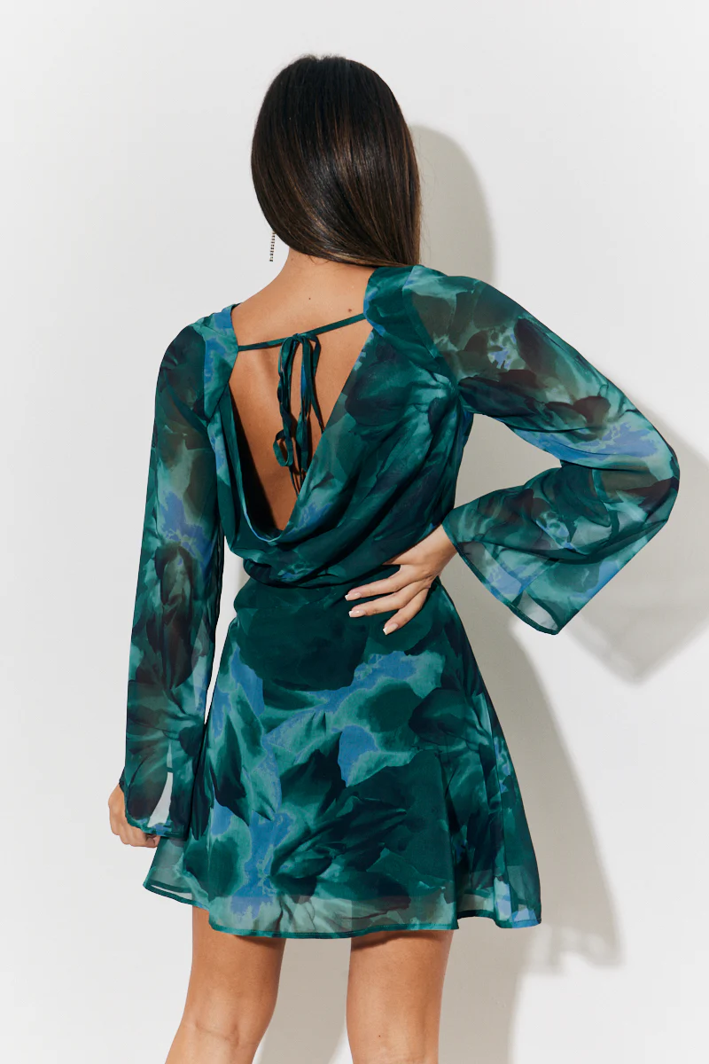 Printed Draped Back Boat Neck Mini Dress - Image 3