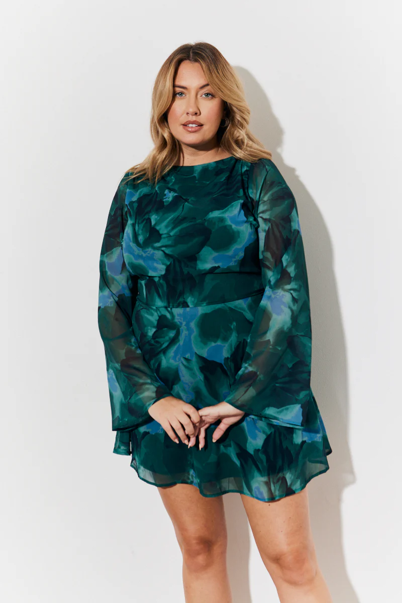 Printed Draped Back Boat Neck Mini Dress - Image 5