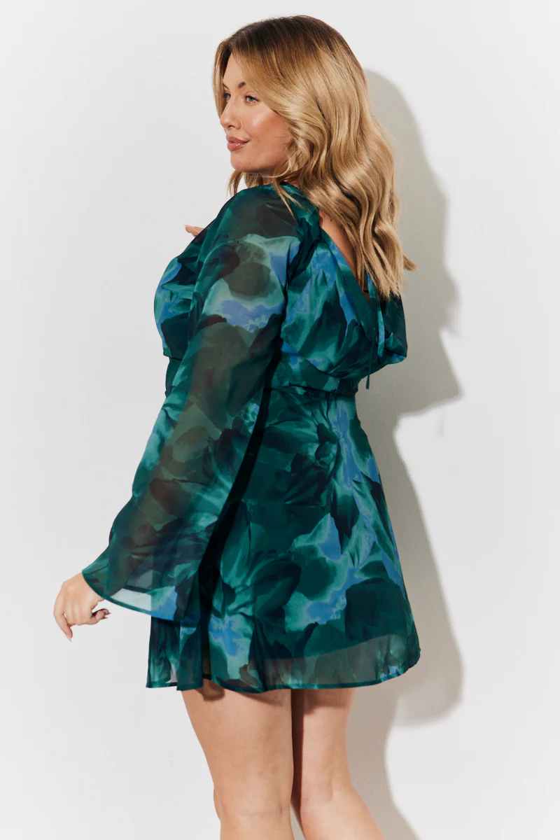 Printed Draped Back Boat Neck Mini Dress - Image 7
