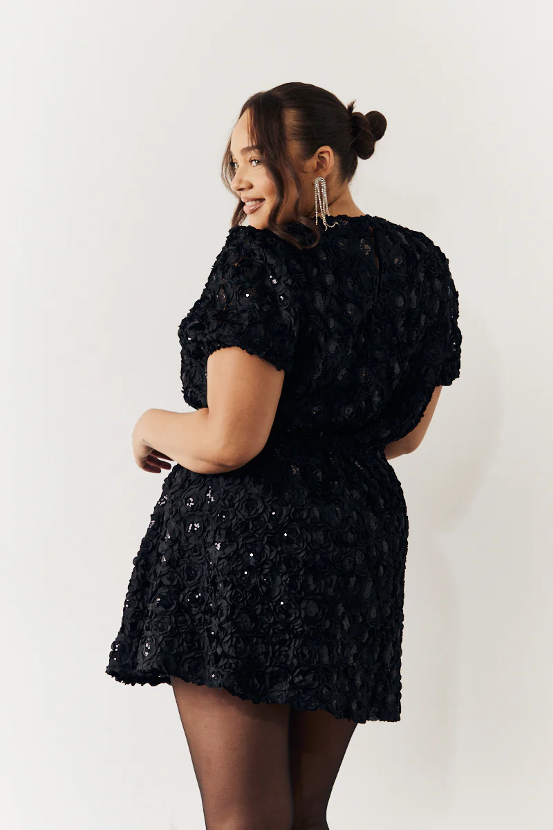 Black Sequin Floral Applique Fit and Flare Mini Dress - Image 3