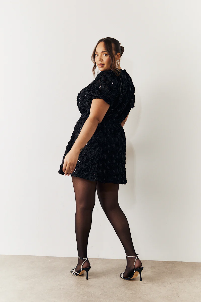 Black Sequin Floral Applique Fit and Flare Mini Dress - Image 4