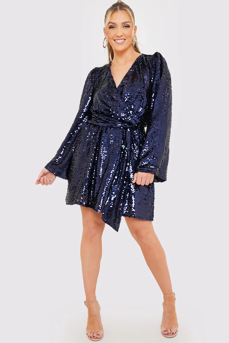 Sequin Kimono Sleeve Drape Tie Dress - Image 3