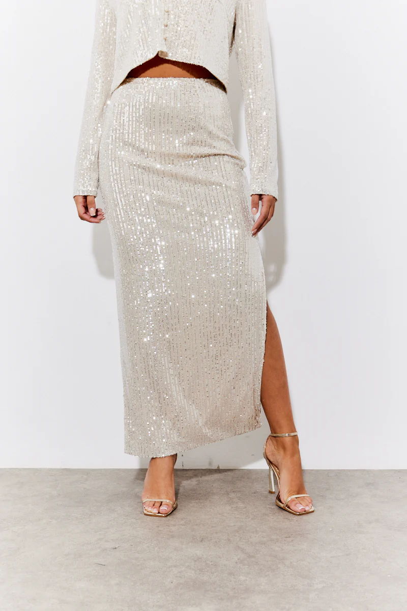 Gold Sequin Slit Detail Midi Skirt - Image 2