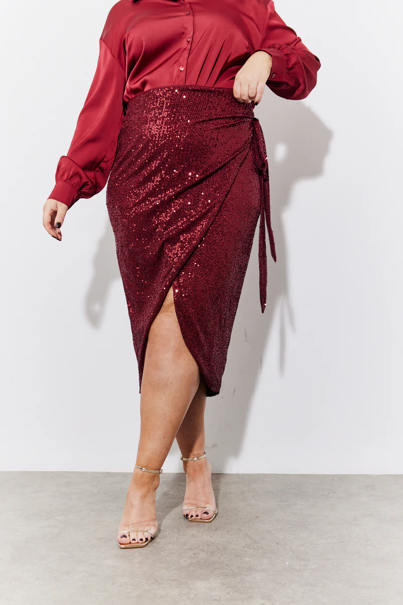 Burgundy Sequin Wrap Midi Skirt - Image 2