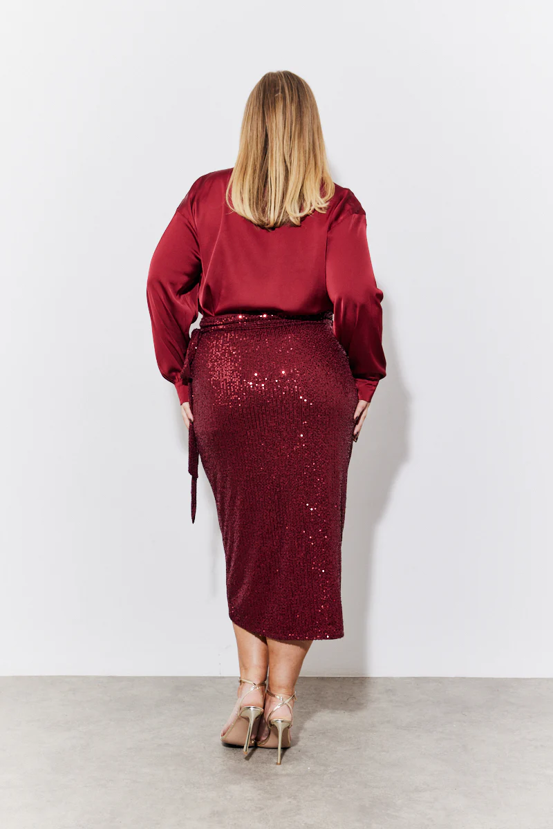 Burgundy Sequin Wrap Midi Skirt - Image 3