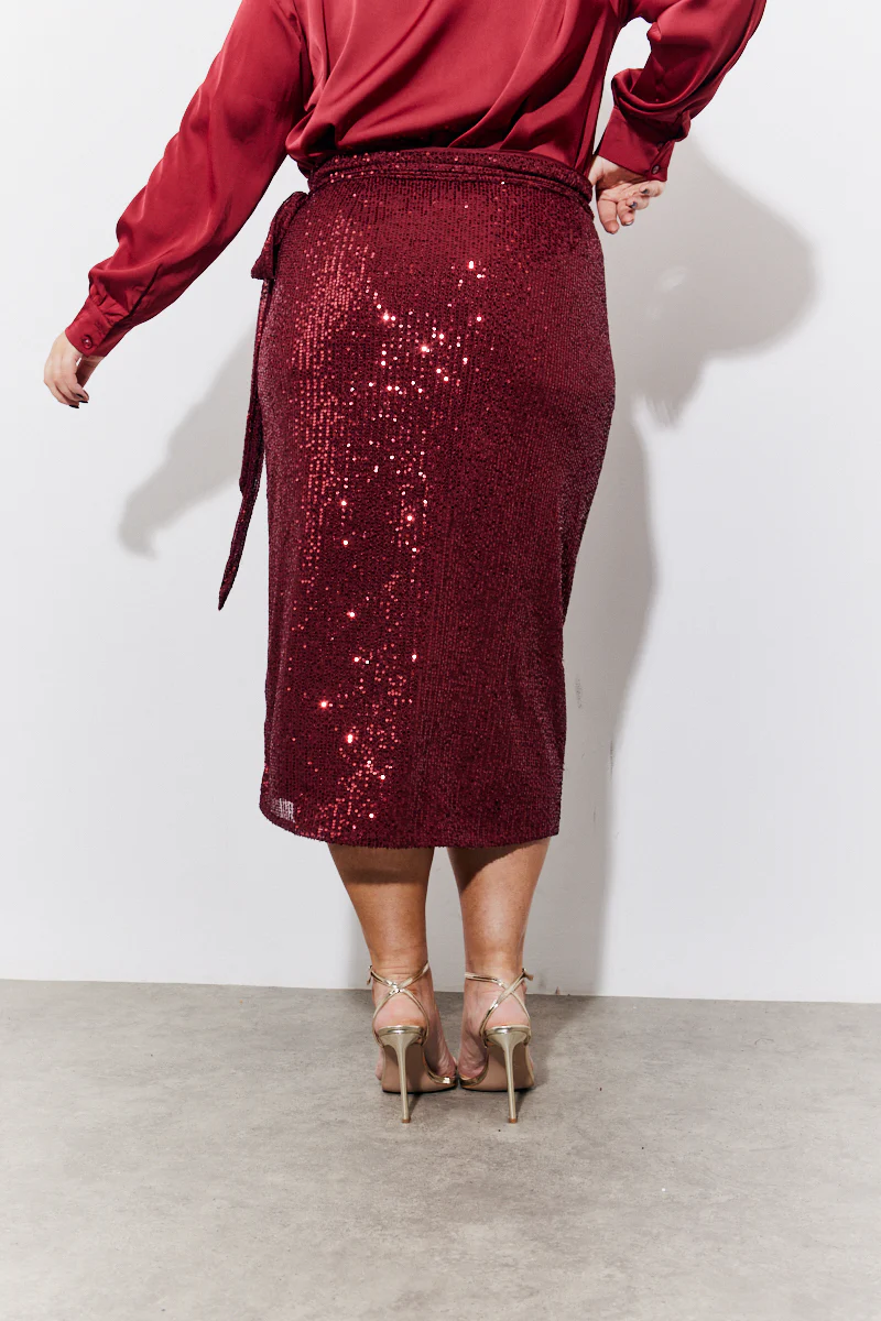 Burgundy Sequin Wrap Midi Skirt - Image 4