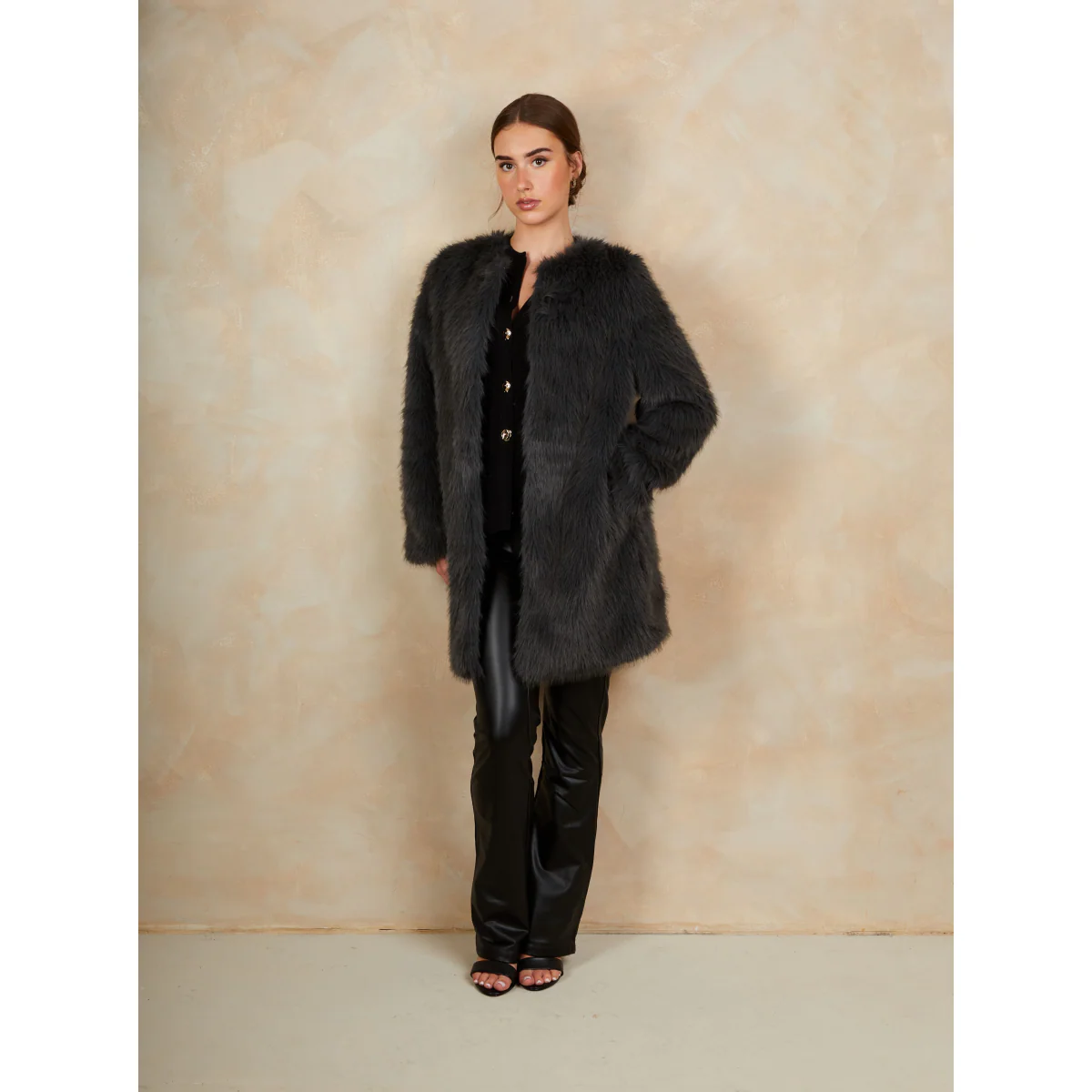 Shaggy Faux Fur Coat in Grey - Image 3