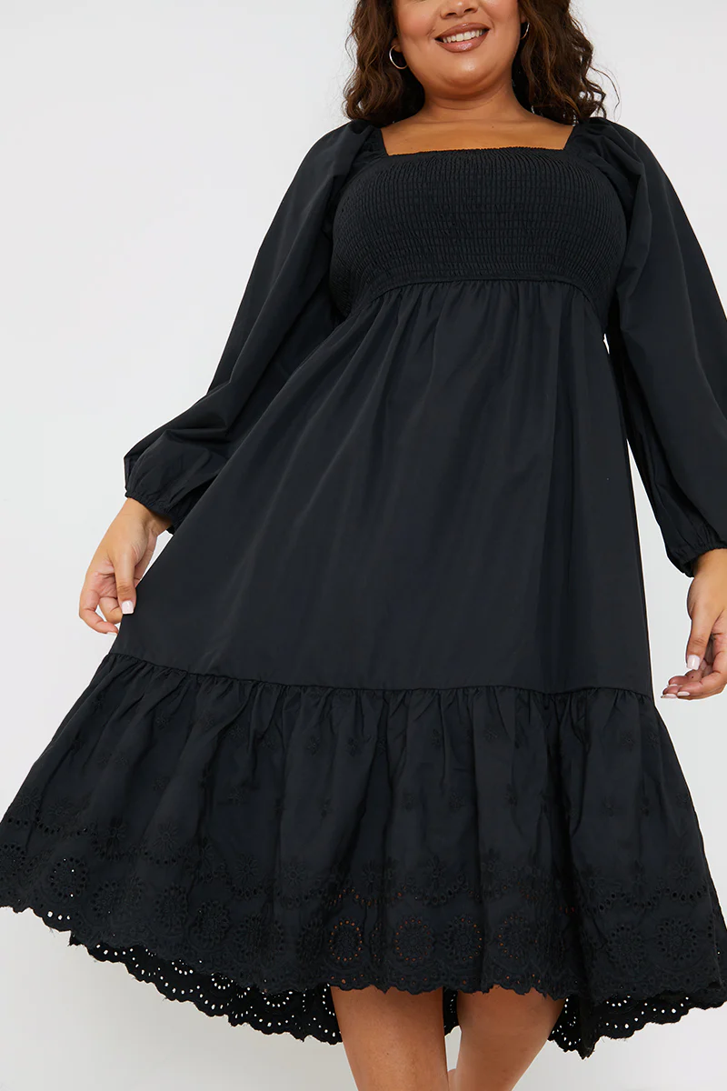 Shirred Puff Sleeve Frill Hem Midi Dress - Image 2