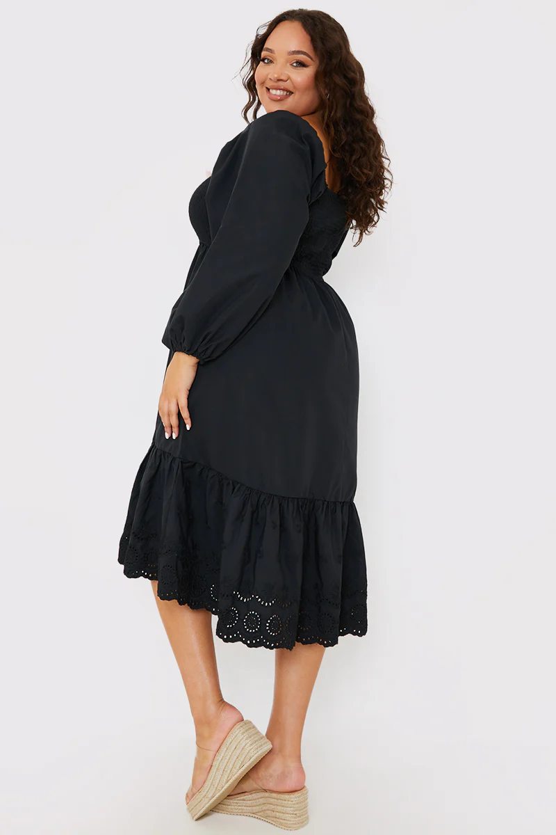 Shirred Puff Sleeve Frill Hem Midi Dress - Image 3