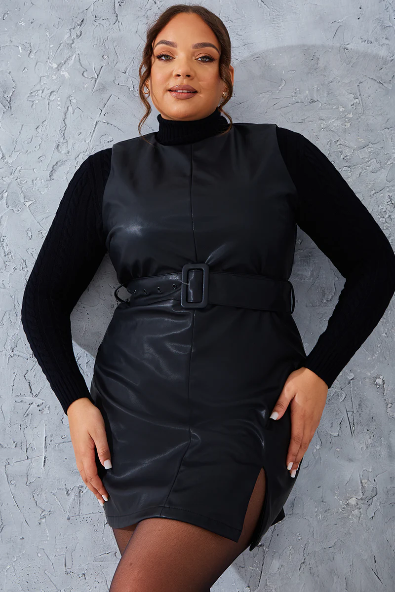Sleeveless Belted Leather Look Dress - Image 5