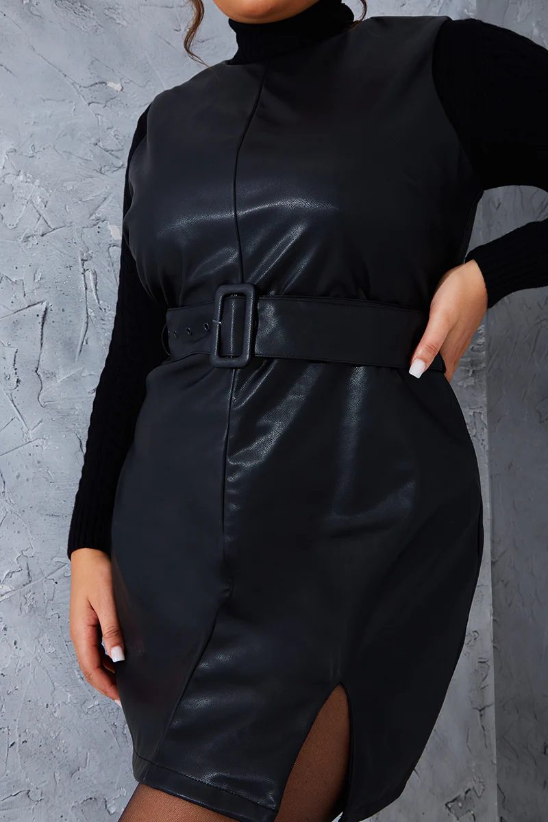 Sleeveless Belted Leather Look Dress - Image 7