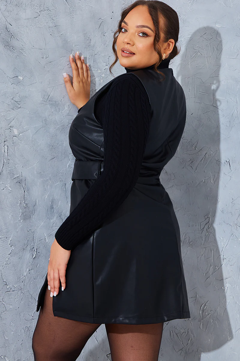 Sleeveless Belted Leather Look Dress - Image 8
