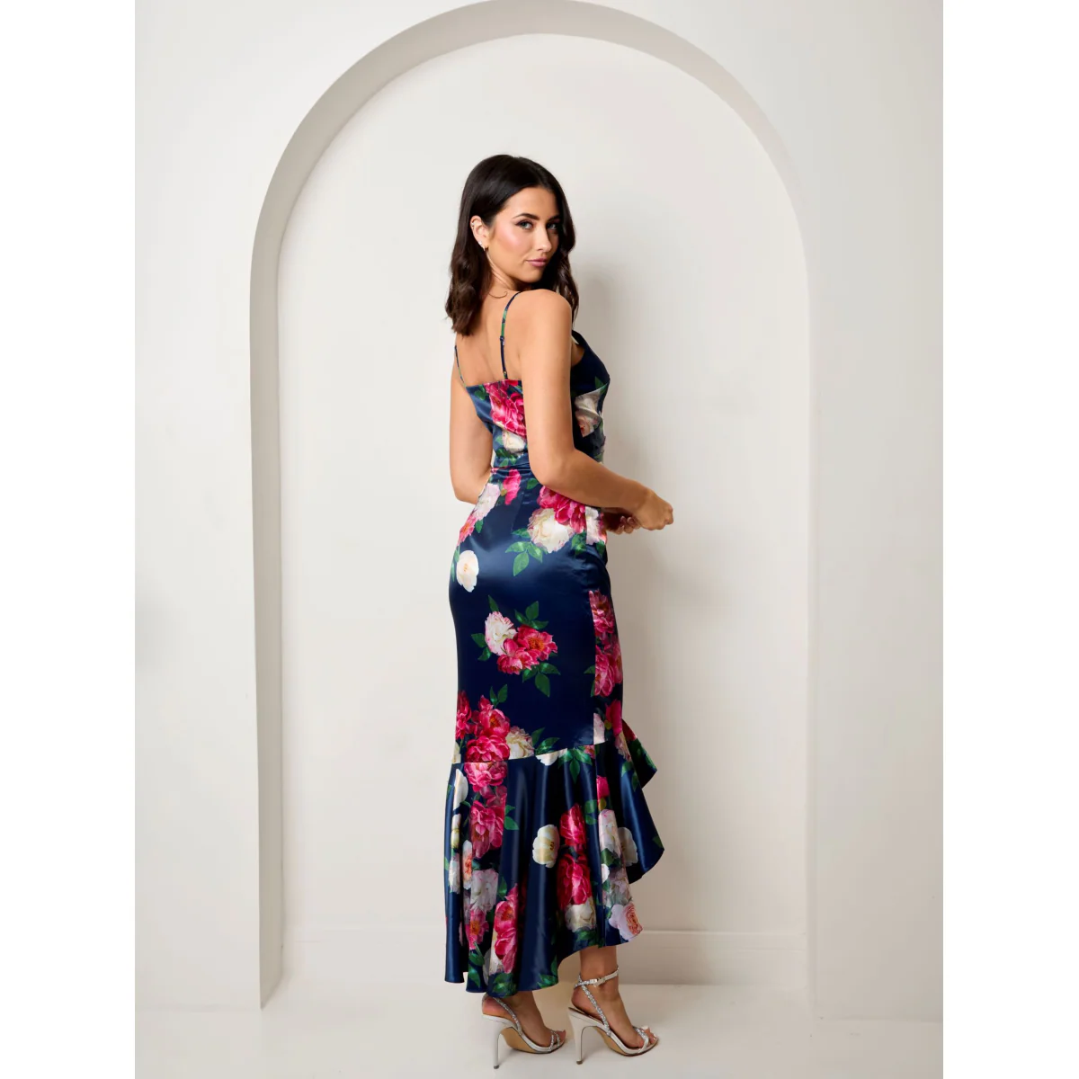 Chi Chi London Sleeveless Floral Print Ruffle Hem Midi Dress in Navy - Image 3