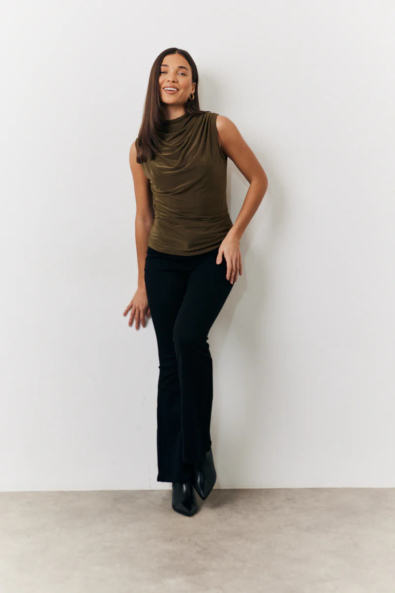 Khaki Slinky Cowl Front Sleeveless Top - Image 2