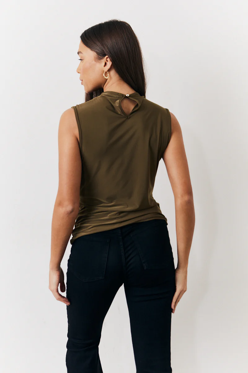 Khaki Slinky Cowl Front Sleeveless Top - Image 3