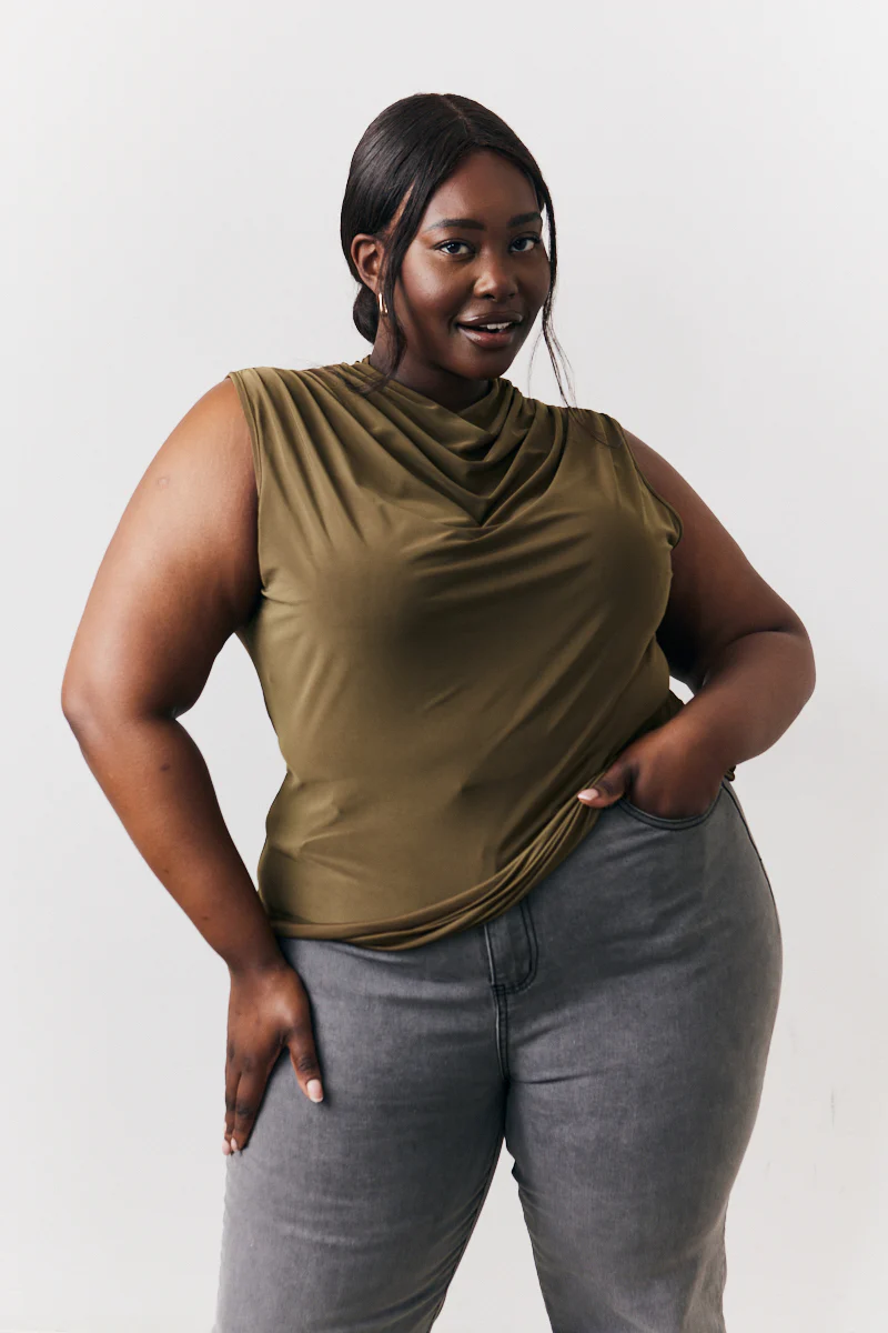 Khaki Slinky Cowl Front Sleeveless Top - Image 5