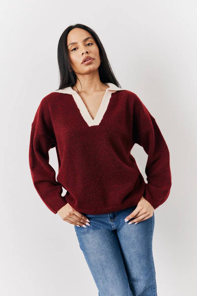 Burgundy 90's Collared Knitted Rugby Sweater - Image 2