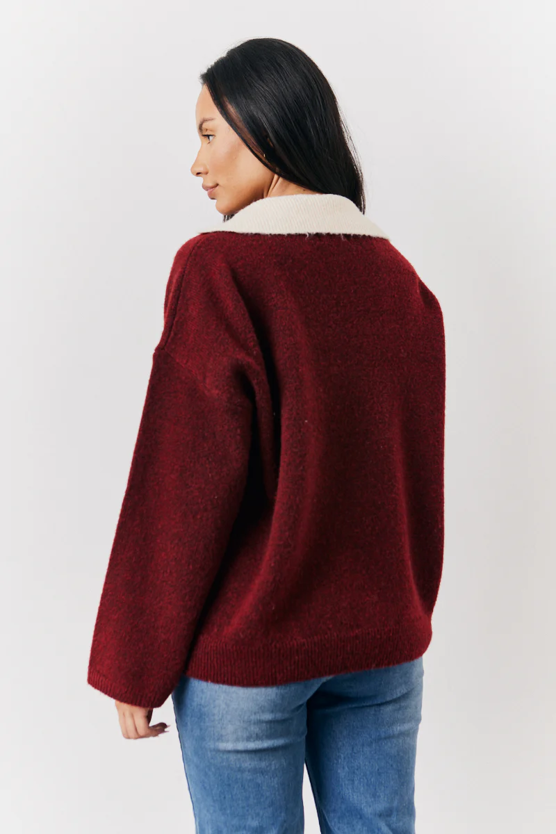 Burgundy 90's Collared Knitted Rugby Sweater - Image 5