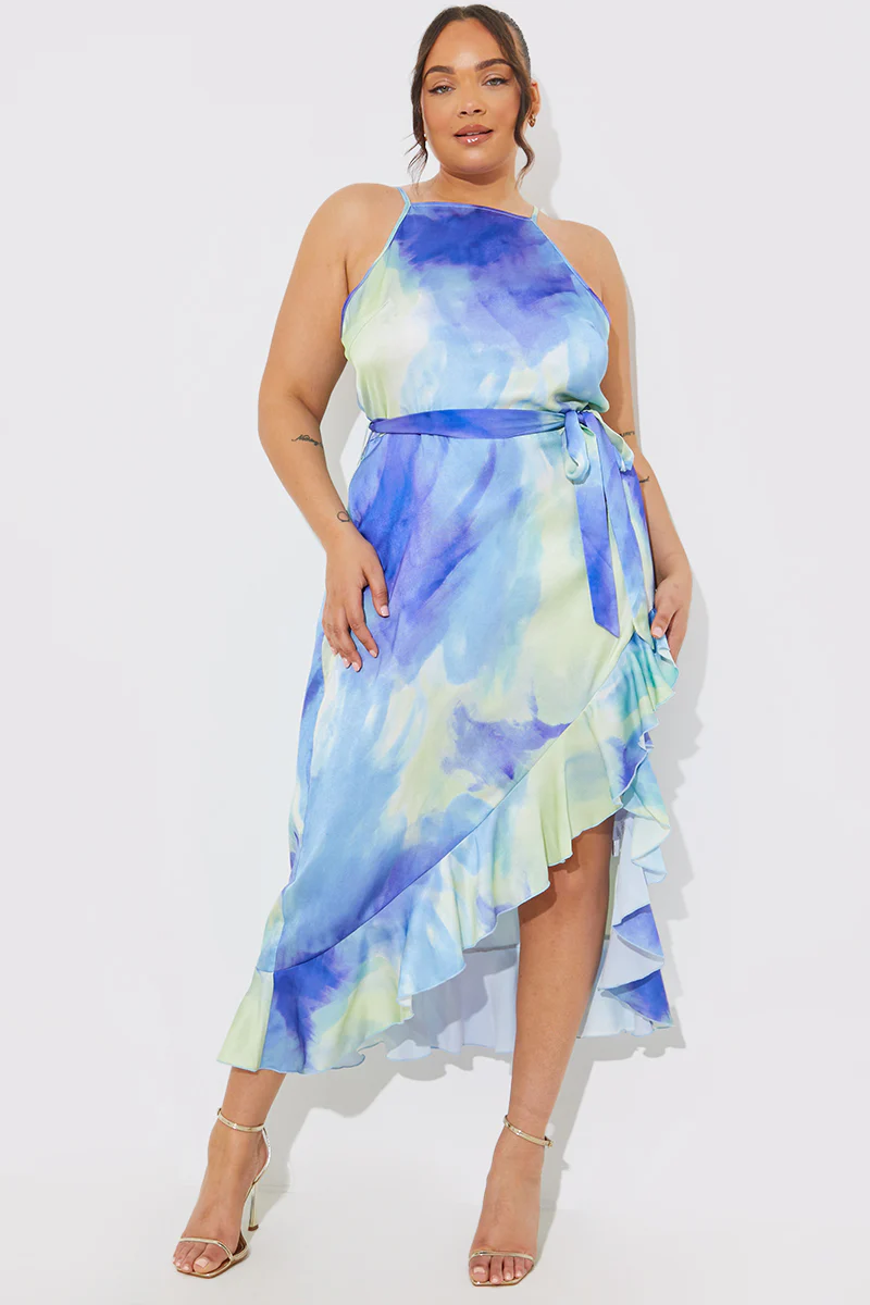 Racer Neck Abstract Print Satin Frill Belted Midaxi Dress - Image 3