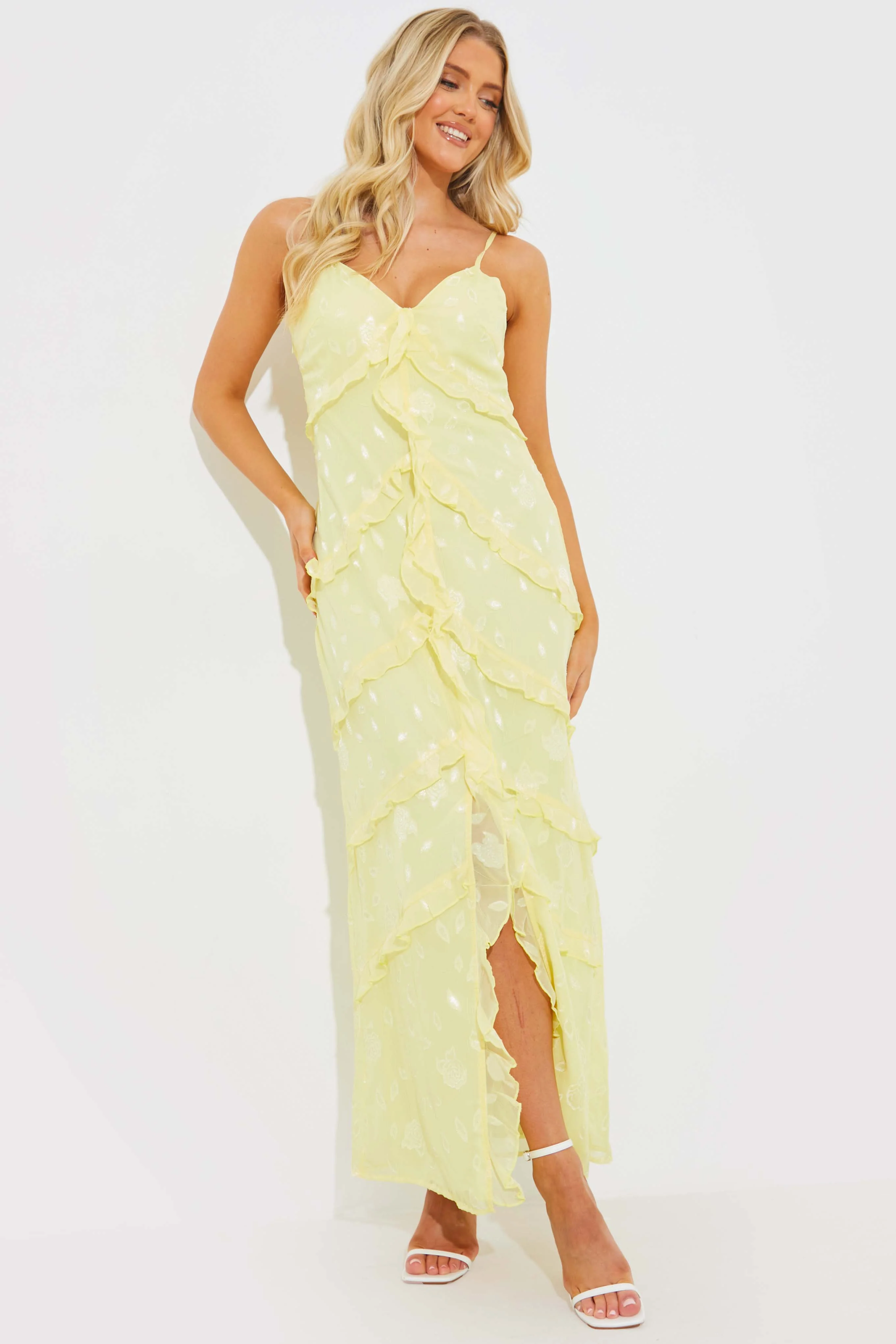 Strappy Floral Jacquard Ruffle Maxi Dress