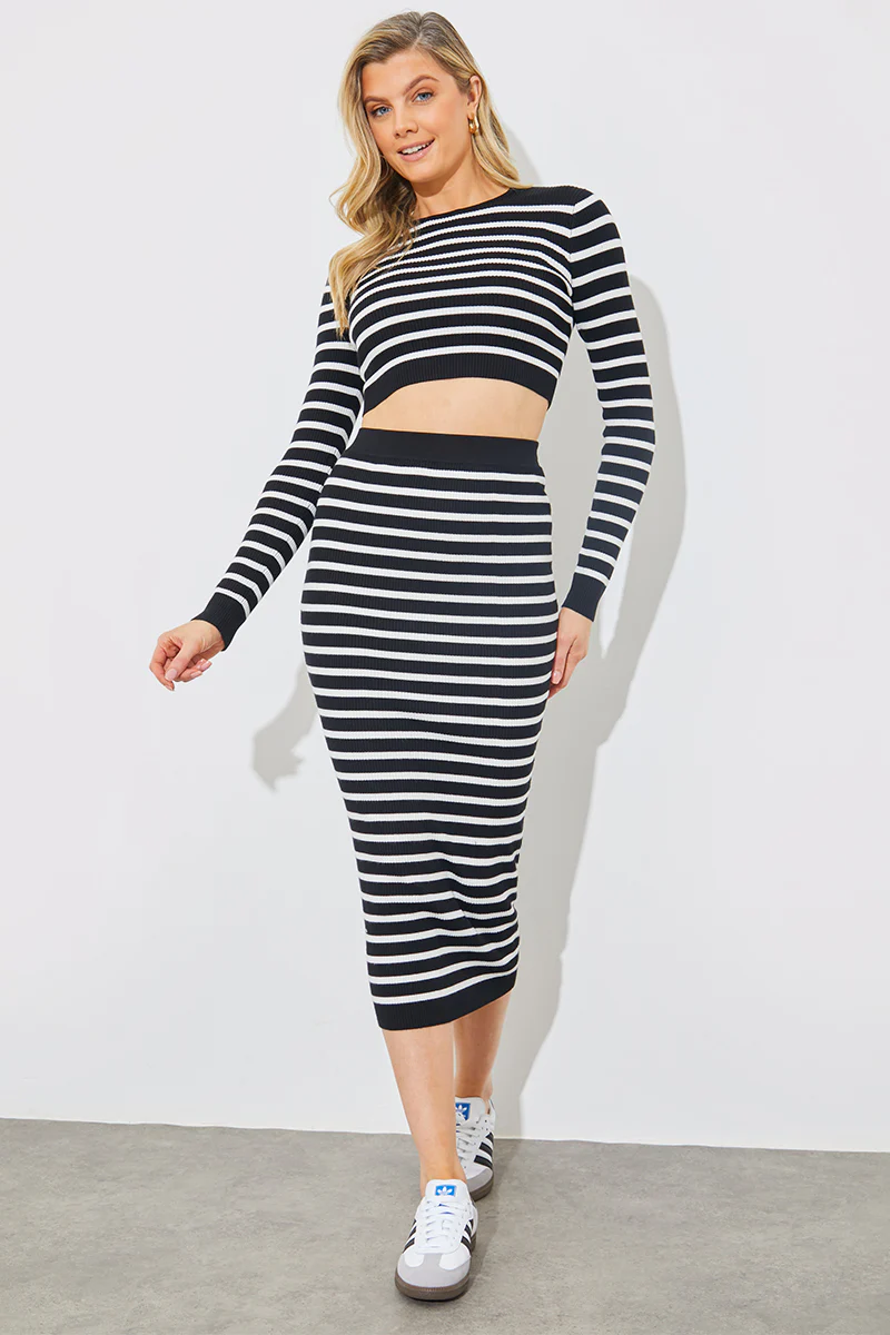 Rib Knit Stripe High Waisted Co-Ord Midi Skirt - Image 2