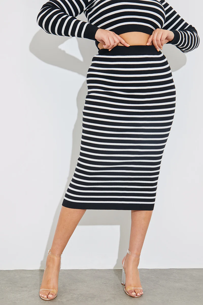 Rib Knit Stripe High Waisted Co-Ord Midi Skirt - Image 6