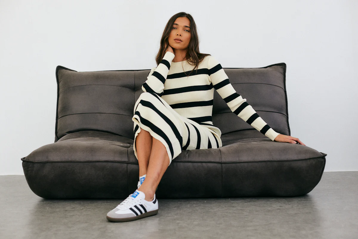 Rib Knit Stripe Long Sleeve Midaxi Dress - Image 2
